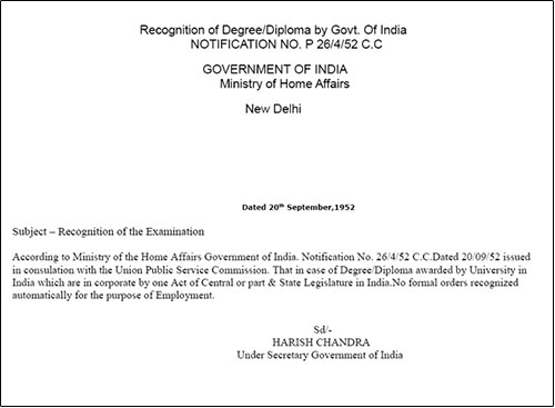  Recognisation of Degree/Diploma by Govt. of India